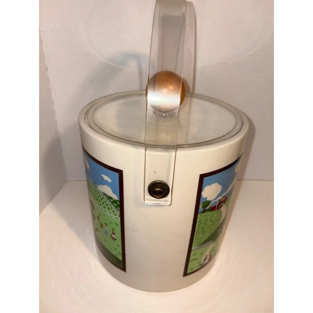 Vintage Folk Art Farm Scene Ice Bucket Insulated Acrylic Handle‎ Wood Knob Lid